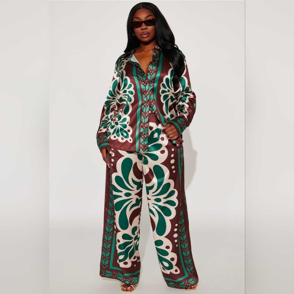 Stylish Green and Brown Satin Pant Suit Set